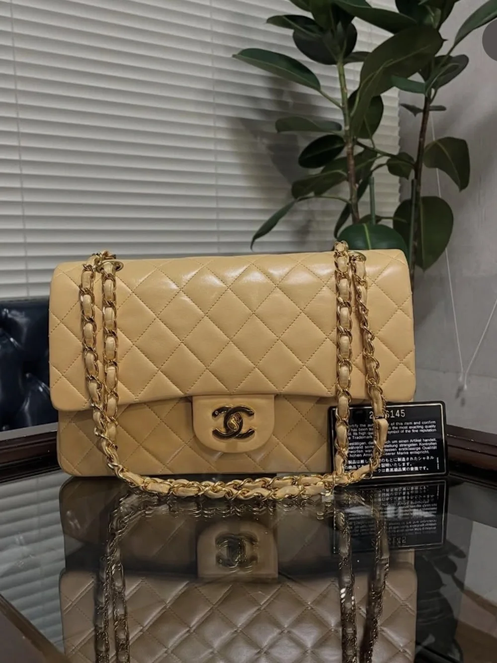 CHANEL Beige Quilted Double Flap Shoulder Bag with Gold Chain